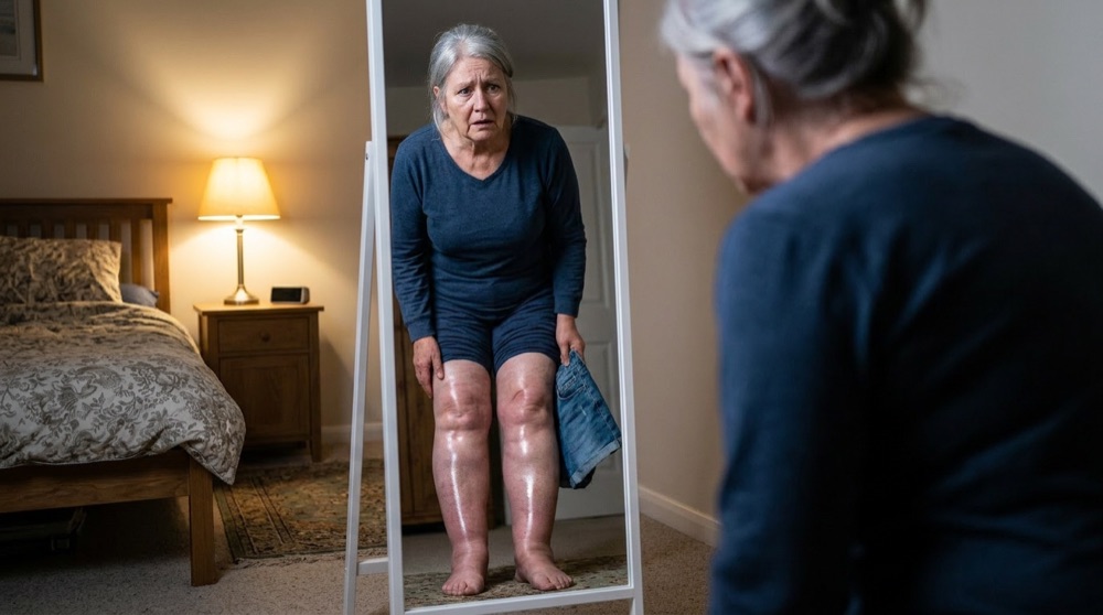 Eldre kvinne ser på sine hovne, misfargede bein i speilet
