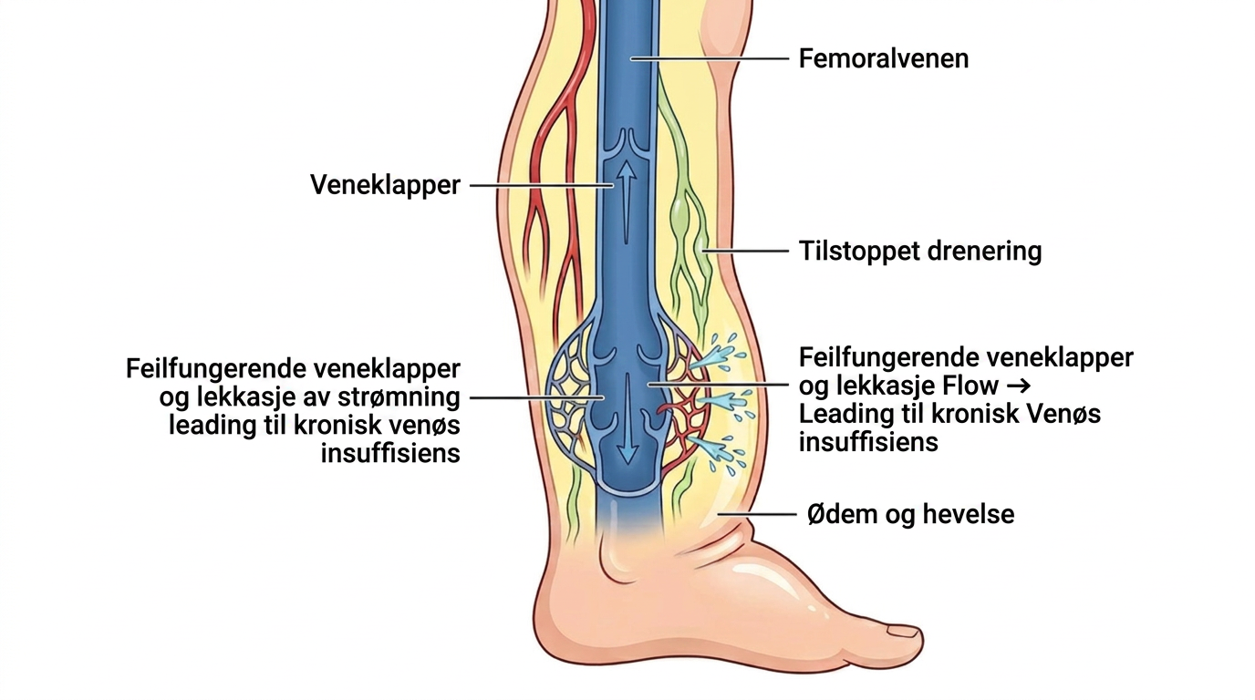 Venesystemet i leggen med sviktende klaffer og lekkasje som gir hovne bein